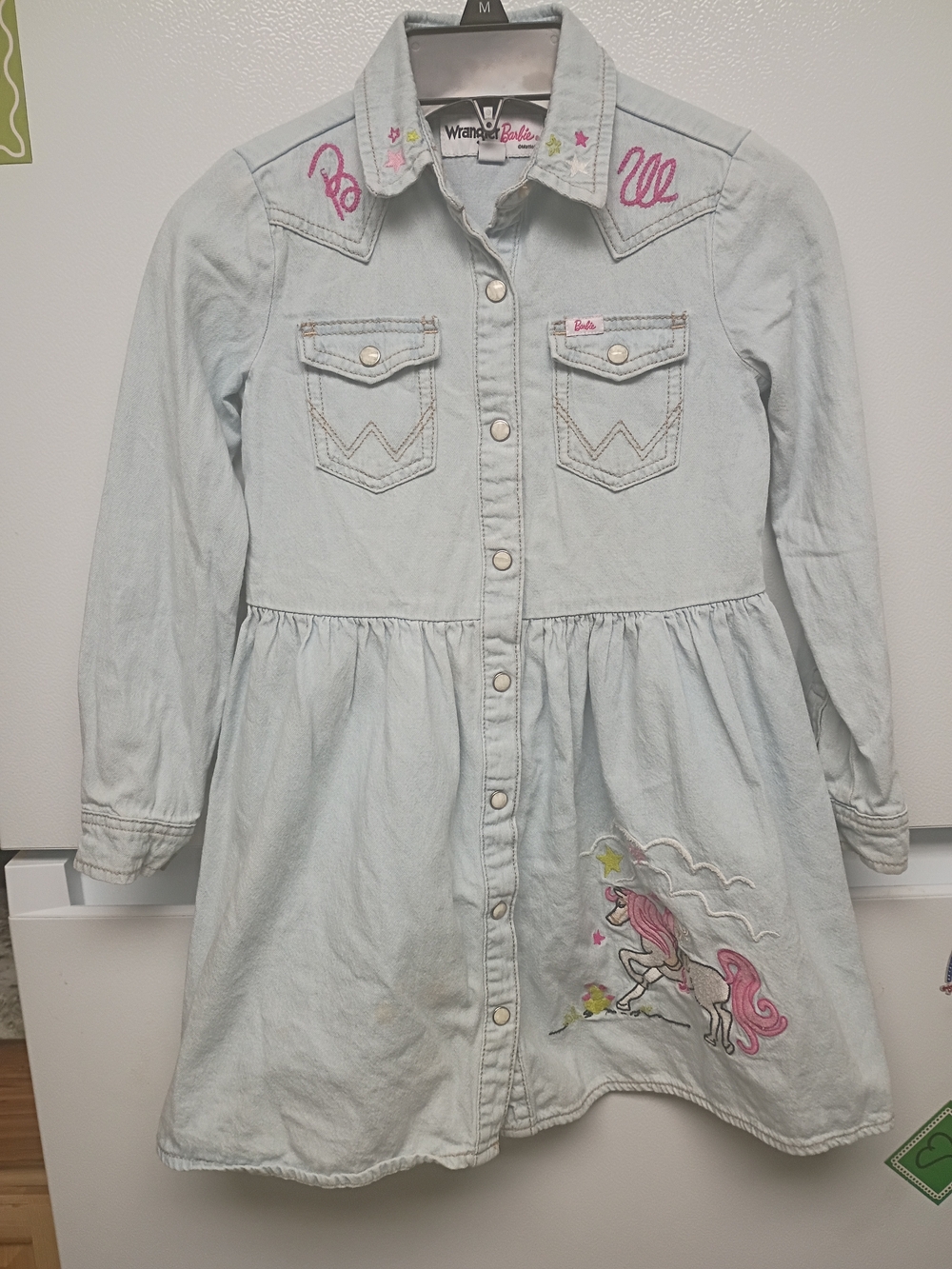 Wrangler Light Blue Denim Kids Dress with Pink Unicorn Embroidery